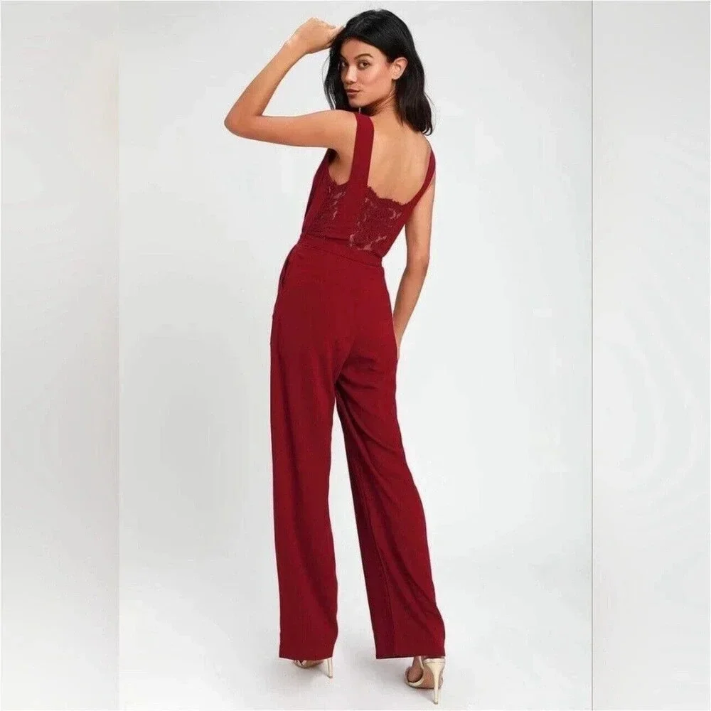 Lulu’s Women's Burgundy Kiska Lace Back Wide Leg Jumpsuit side Pockets Medium - Picture 2 of 16